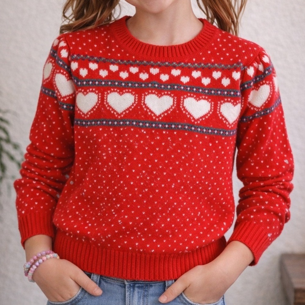 Vintage Collage Red Heart‎ Fair Isle Knit Sweater Kids Crew Neck Pullover